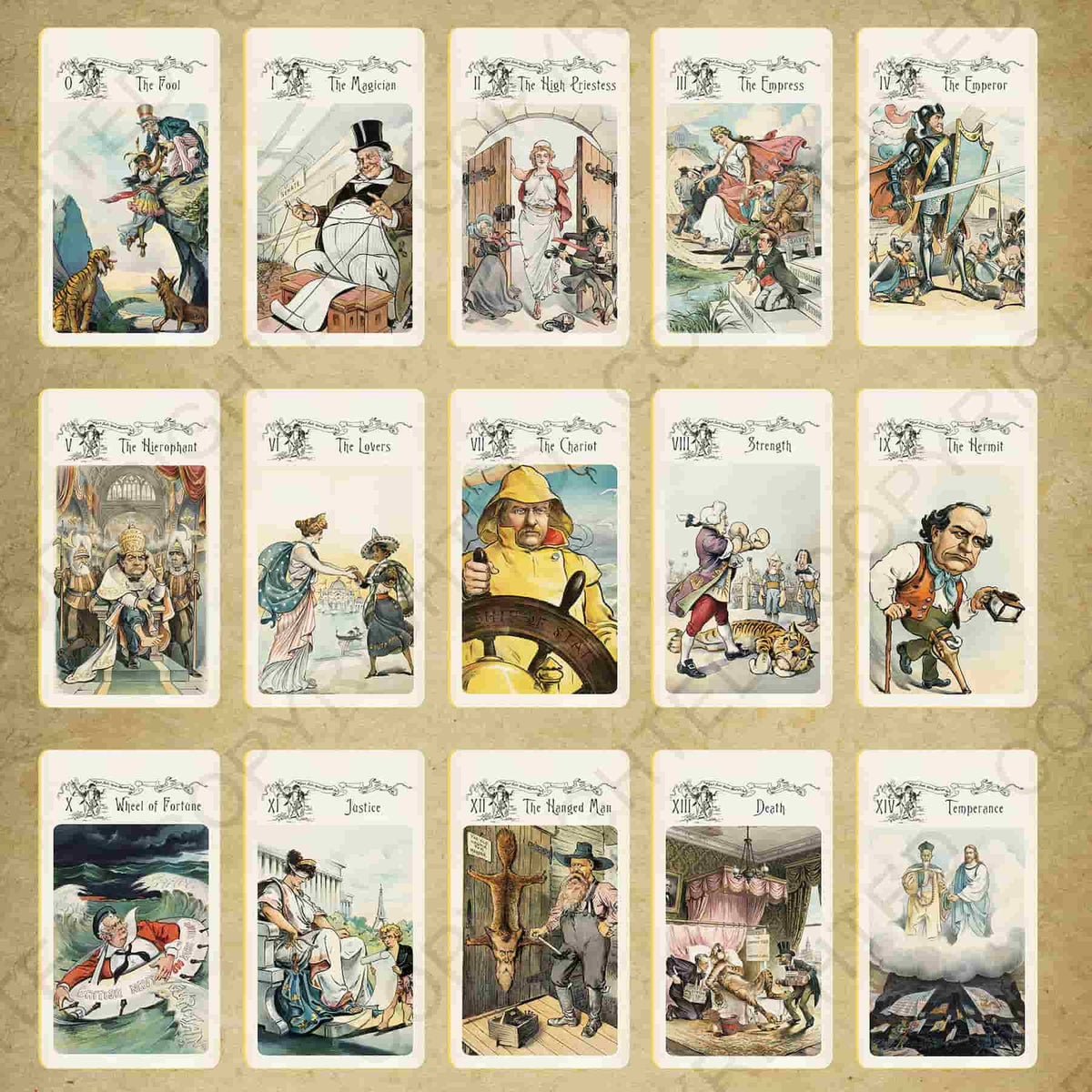 Vestige Tarot Major Arcana gallery from The Fool to Temperance, real historical illustrations