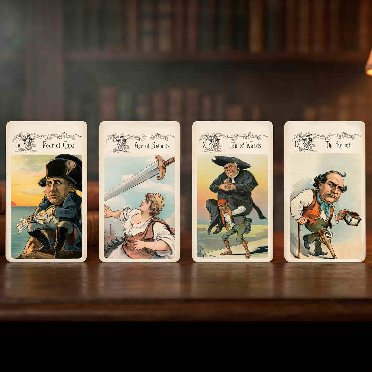 Vestige Tarot Four of Cups, Ace of Swords, Ten of Wands and The Hermit cards with vintage satirical art