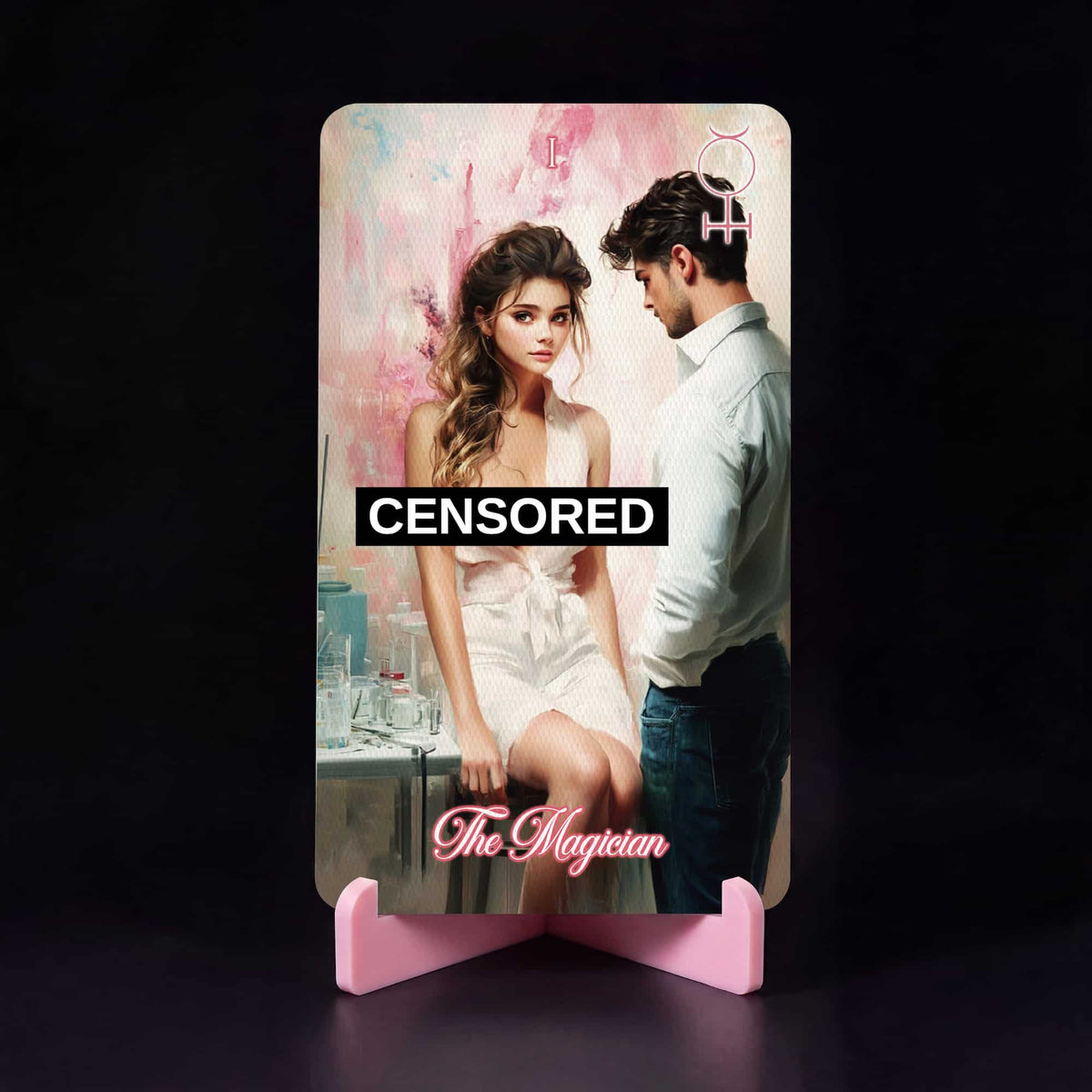 La Petite Flamme Tarot The Magician card on pink stand, romantic couple illustration in pastel colours