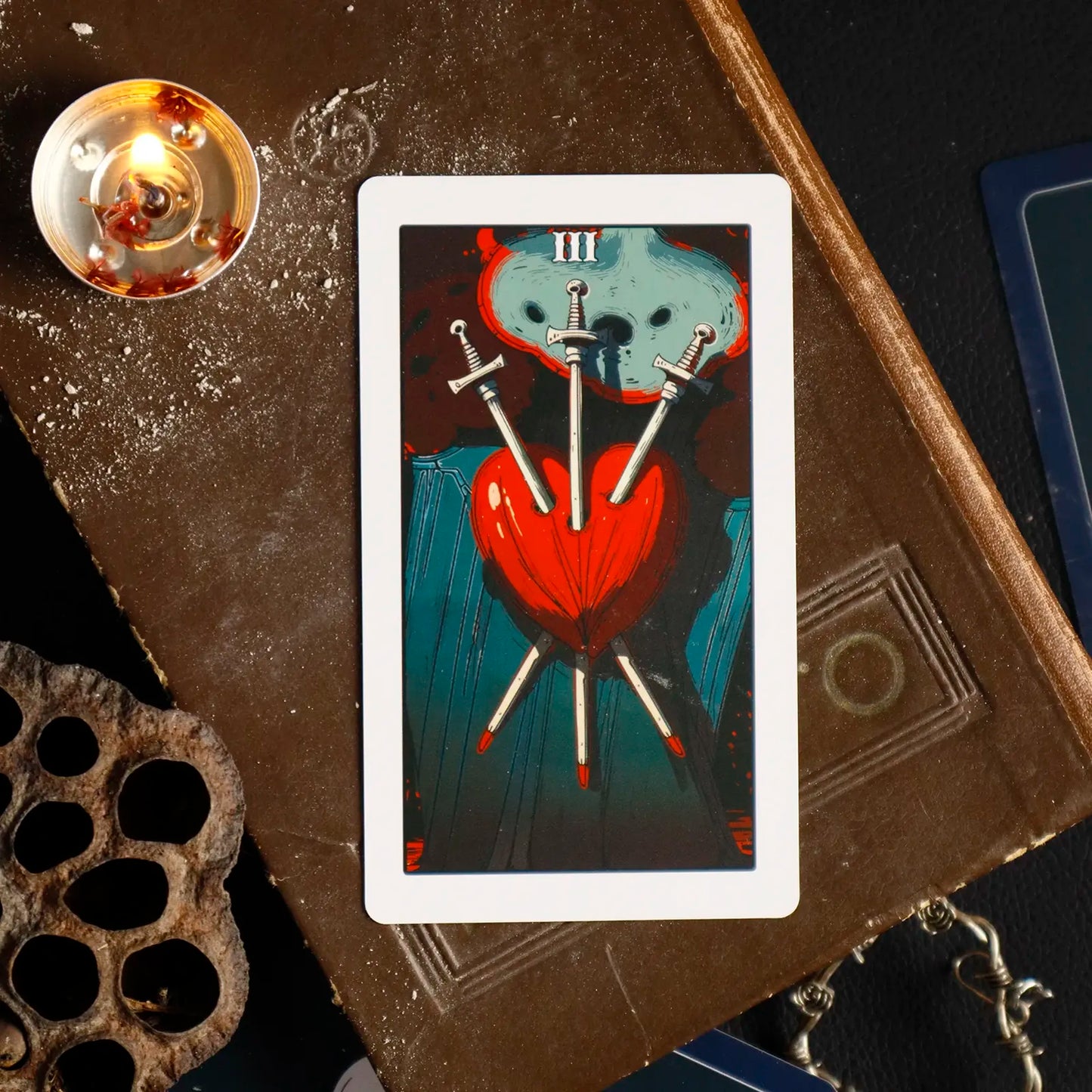 Tarot card with three swords piercing a heart on a dark surface with a lamp.