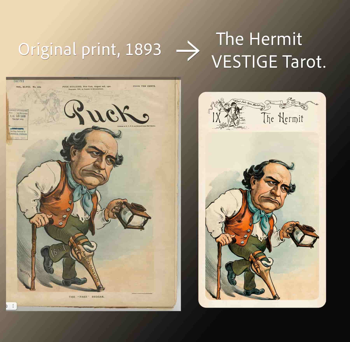 Vestige Tarot The Hermit card next to the original 1893 Puck magazine cover it was restored from