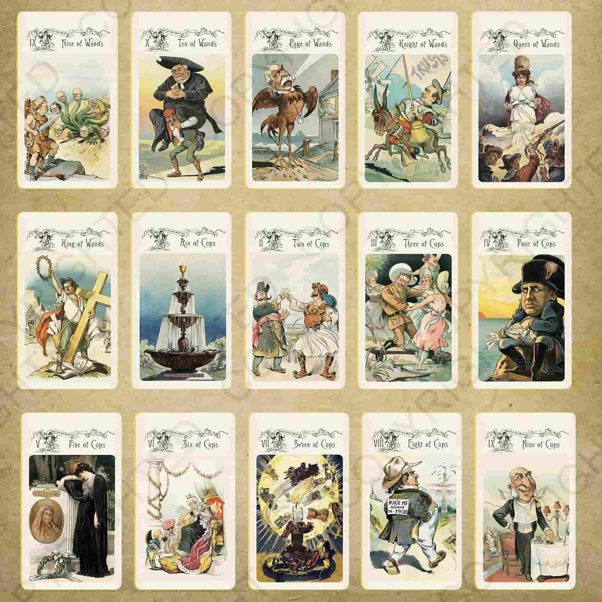 Vestige Tarot card gallery from Nine of Wands to King of Wands and Ace to Nine of Cups