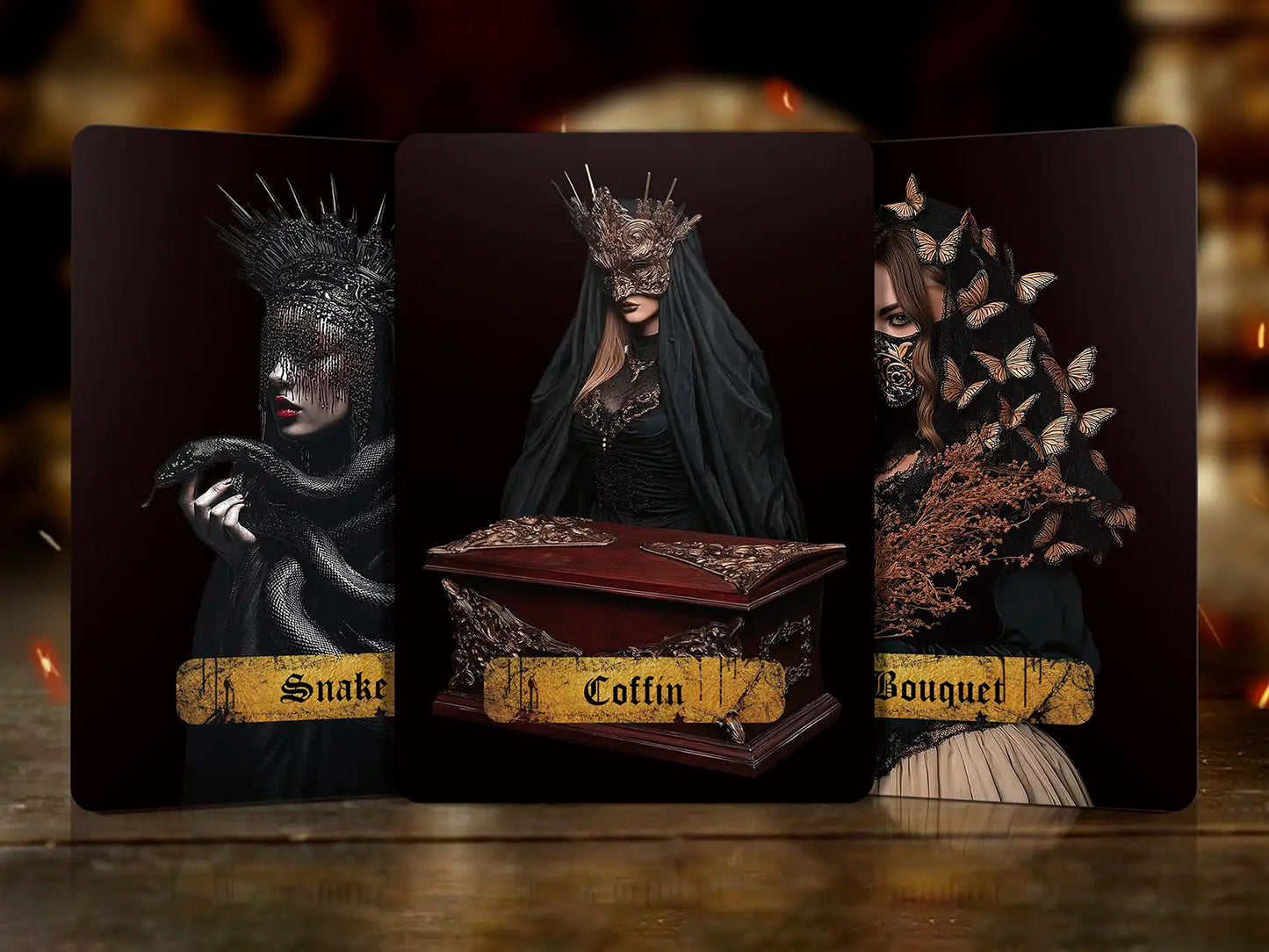 Three tarot cards with dark, mystical designs on a wooden surface.