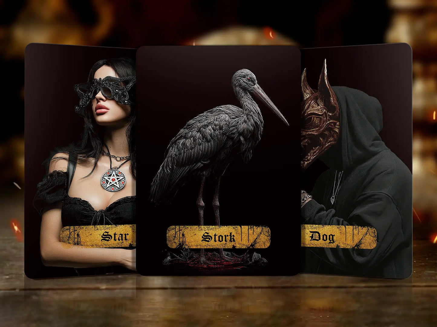 Three tarot cards featuring a woman, a stork, and a hooded figure on a dark background.