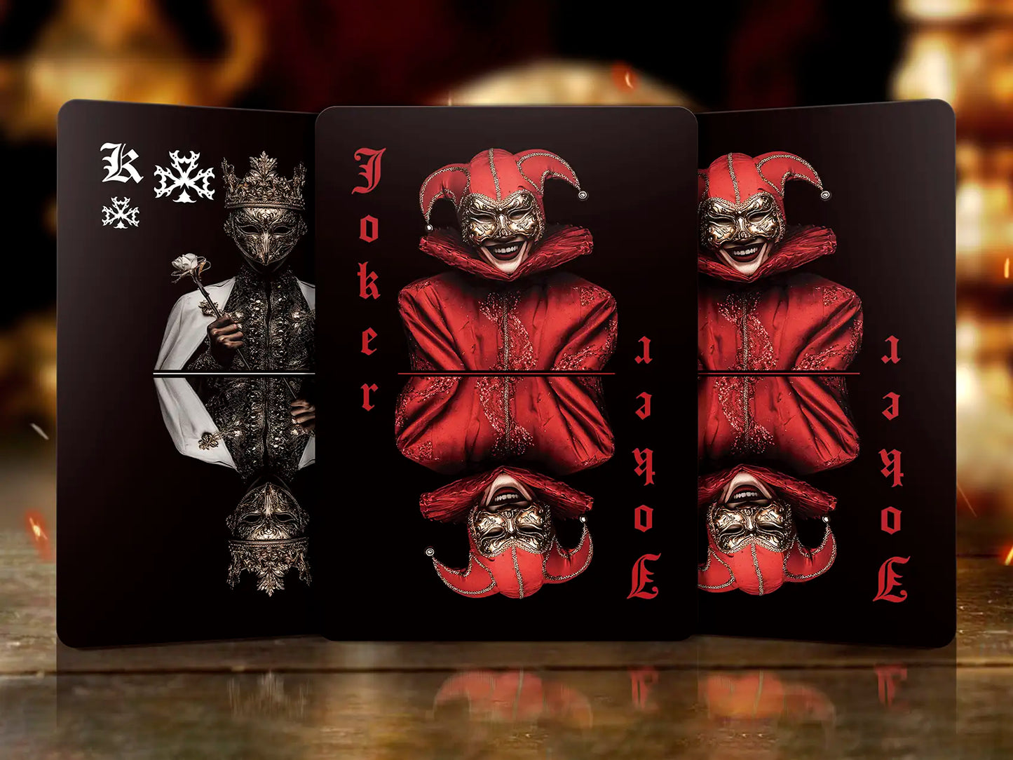 Playing cards with joker design on a reflective surface