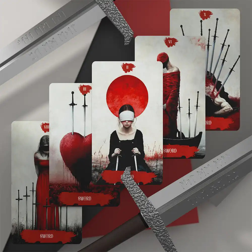 Occult Tarot Swords suit cards, gothic design with swords, red-black fantasy art.