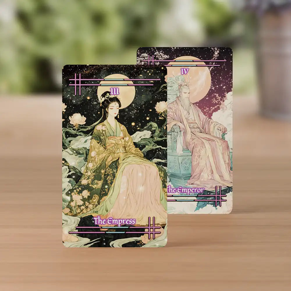The Empress and The Emperor tarot cards from the Tabi no Kokoro deck, illustrated in an elegant Japanese style with pastel tones and full moon backdrop