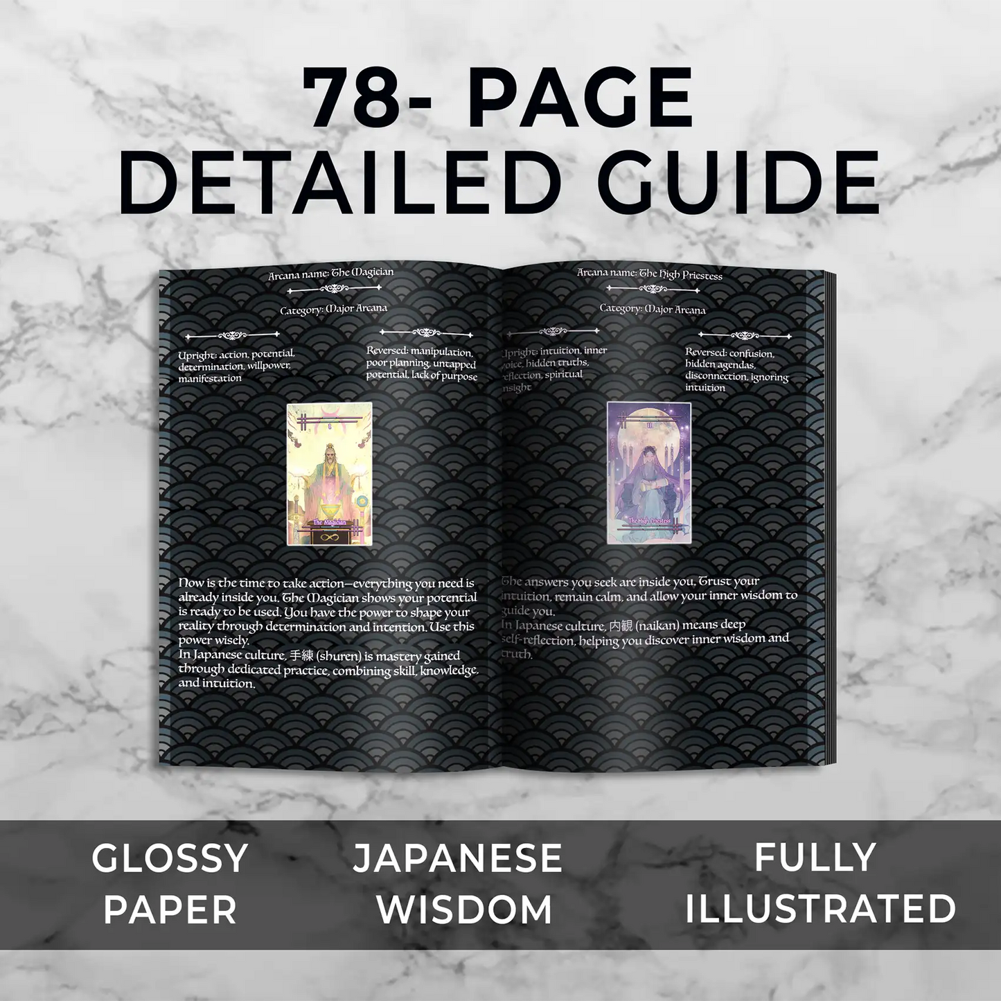 Open tarot guidebook with Japanese wisdom on a marble background, labeled as a 78-page detailed guide with glossy paper and illustrations.
