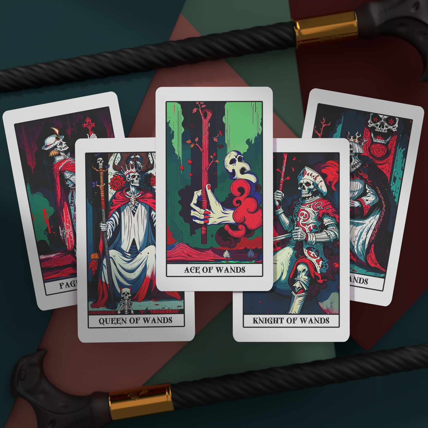 Necro Arcana Tarot deck wands suit – skeleton court cards, Ace of Wands, Queen of Wands, Knight of Wands, and Page of Wands in gothic horror art style. Unique illustrated tarot cards for collectors and divination