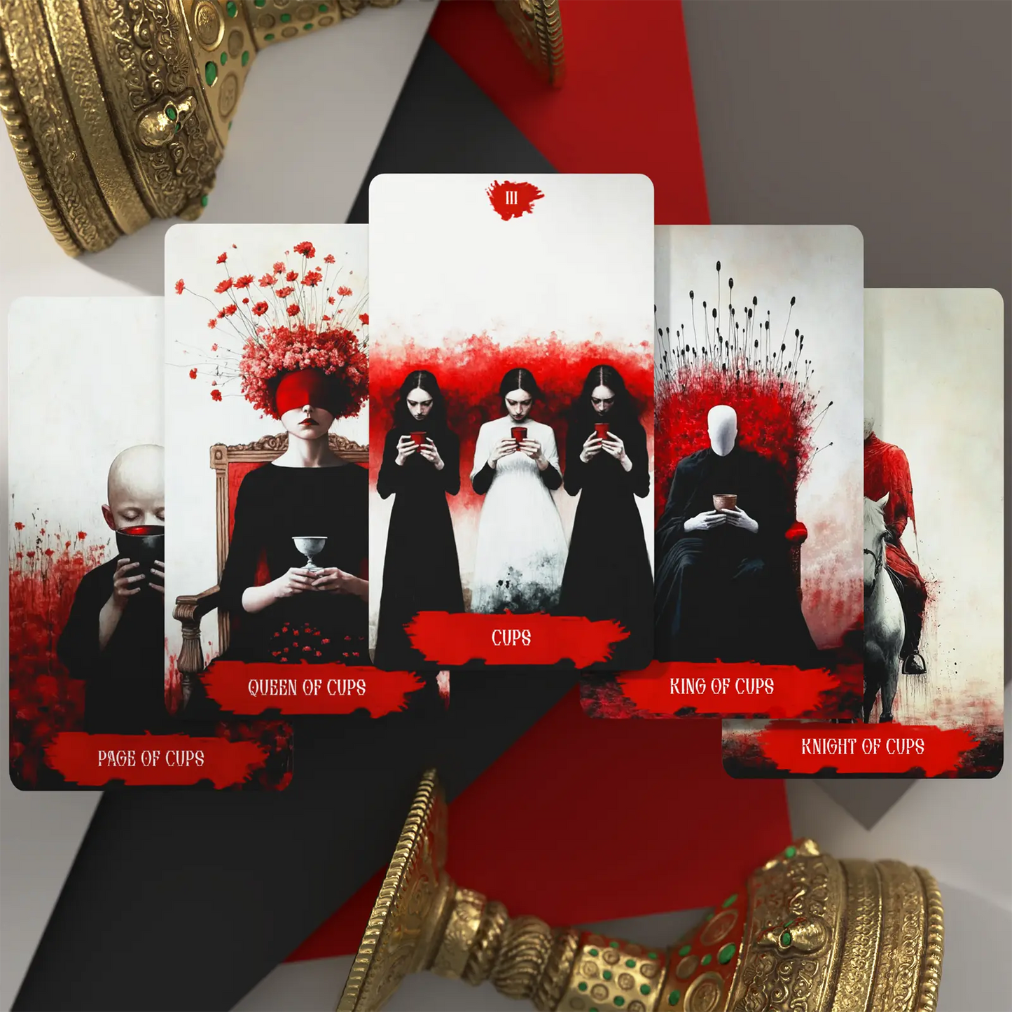 Set of tarot cards with red and black design on a decorative background