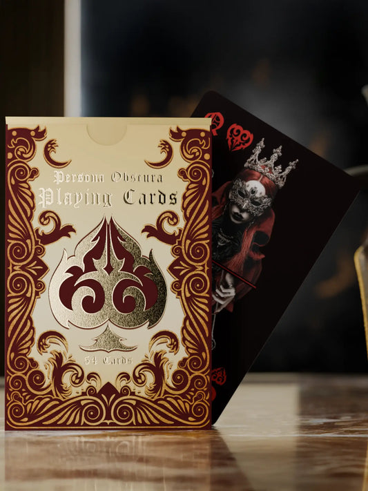 Playing card deck with ornate design and 'Persona Obscura' branding on a dark background