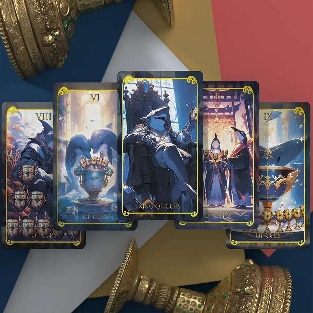 Cups suit from the Animasoul Tarot Deck, with marine-inspired creatures and detailed golden accents