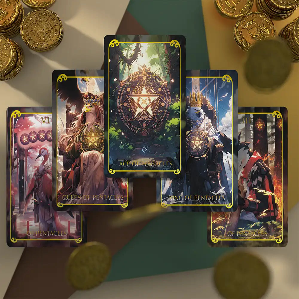 A full display of the Pentacles suit from the Animasoul Tarot Deck, showing animal totem-inspired illustrations