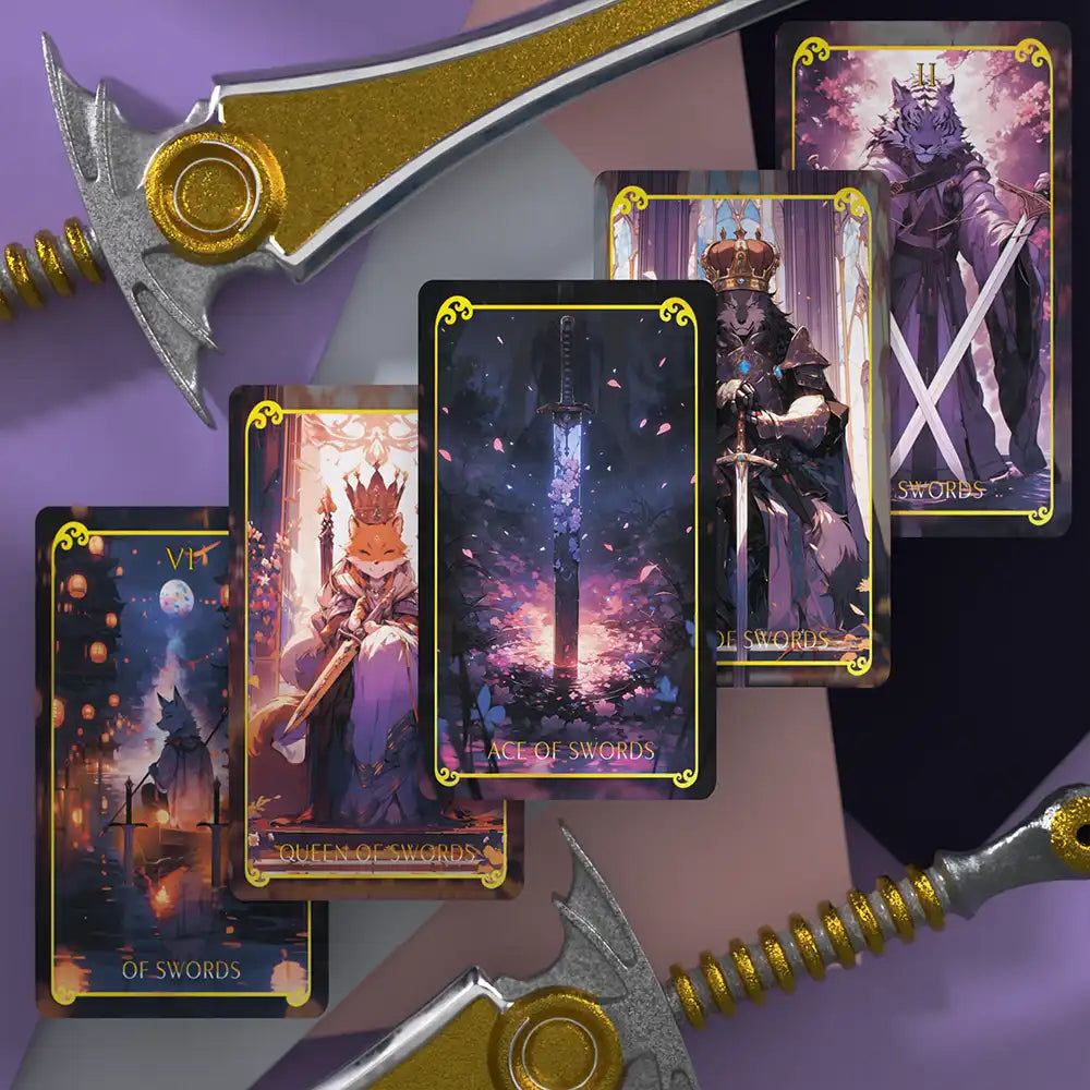 Swords suit cards from the Animasoul Tarot Deck, with wolf and fox characters and glowing magical swords