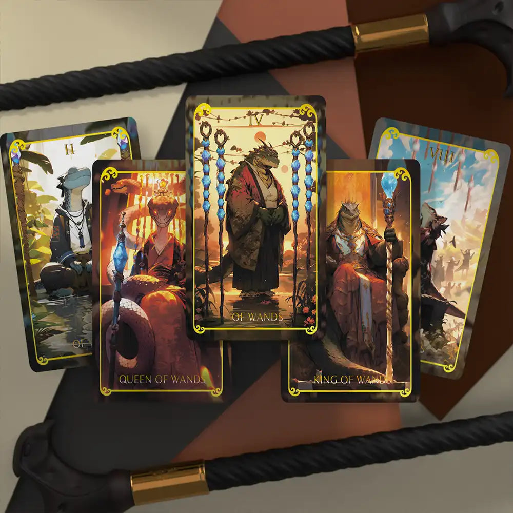 The Wands suit cards from the Animasoul Tarot Deck, featuring reptilian and dragon-like figures in dynamic poses