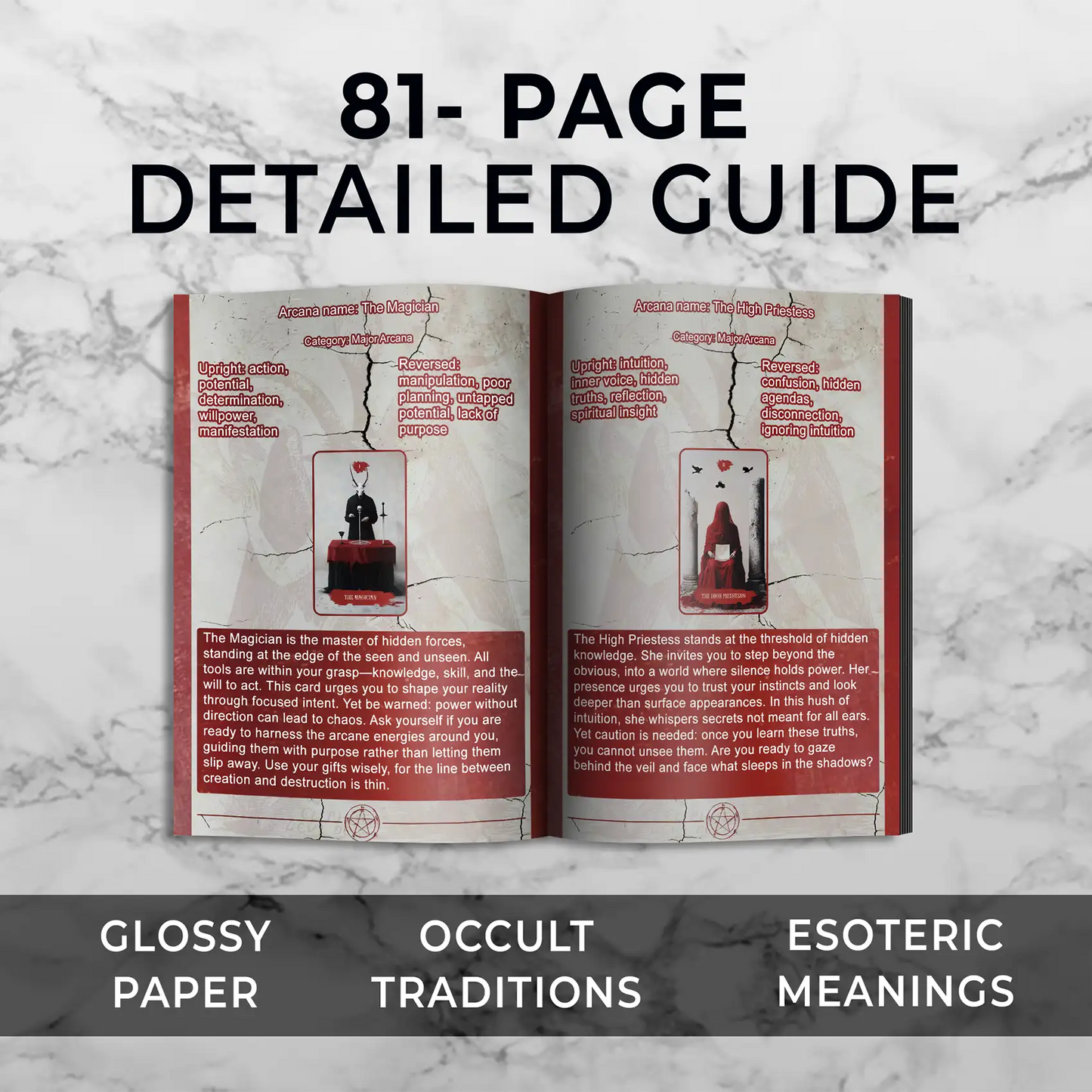 Open guidebook with red and white pages on a marble background, featuring text about glossy paper, occult traditions, and esoteric meanings.