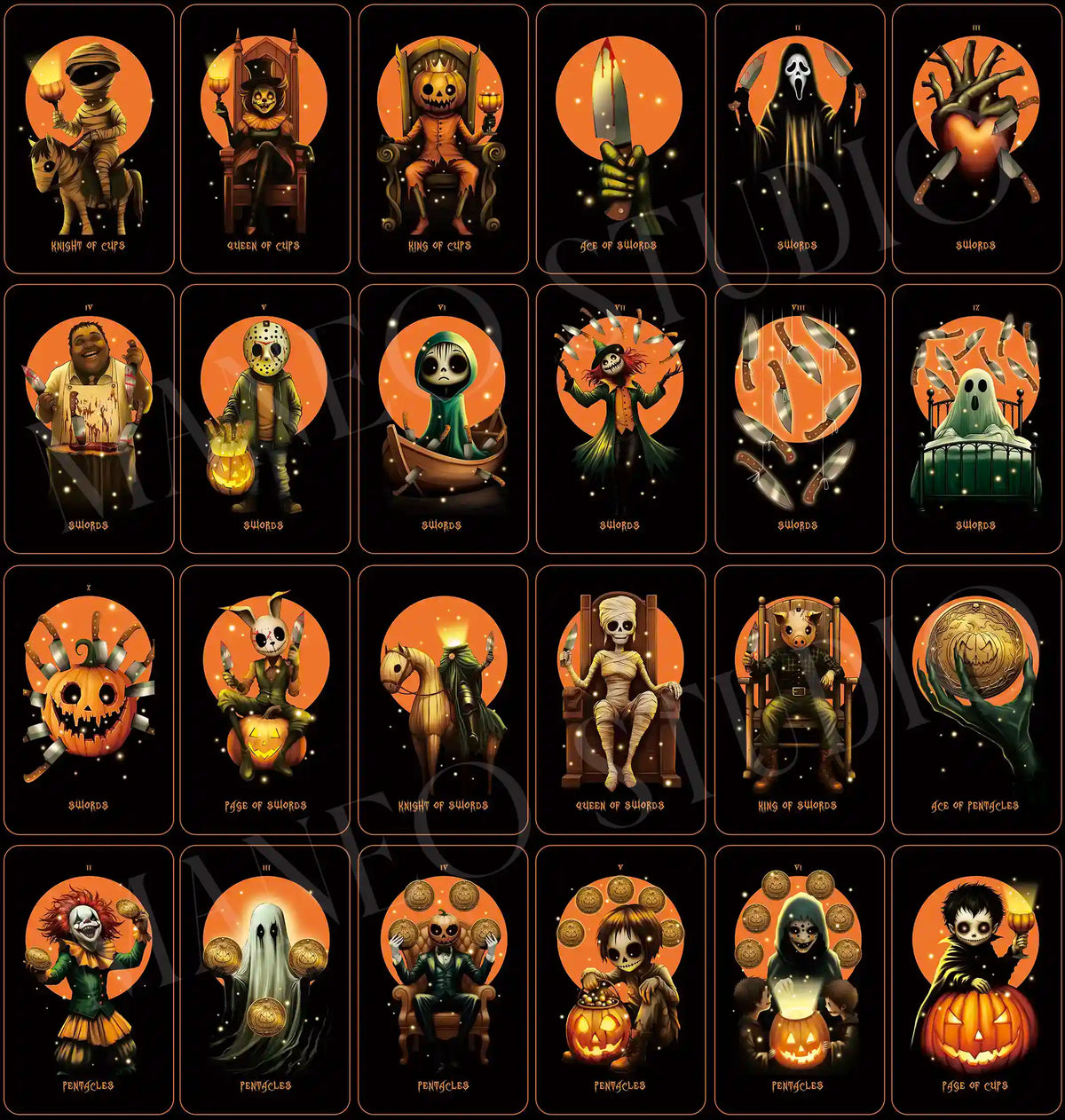 Halloween Tarot Swords and Pentacles card gallery with knives, ghosts, pumpkins, skulls and black orange horror-inspired artwork