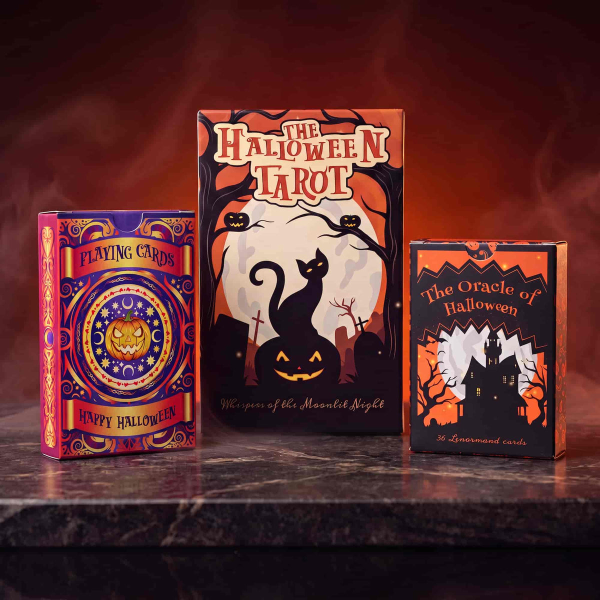 The Halloween Tarot box with Happy Halloween playing cards and The Oracle of Halloween Lenormand deck
