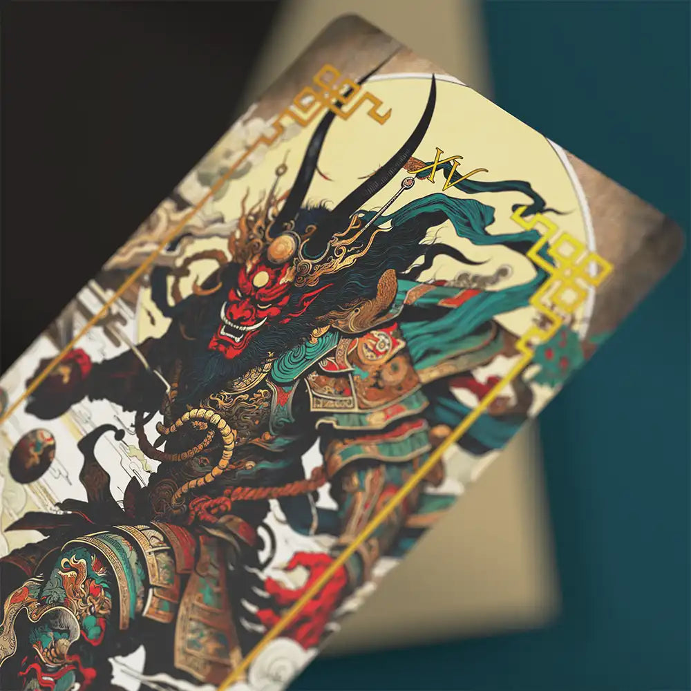Close-up of the Devil card from Journey to the West Tarot deck, depicting a fierce red demon in traditional Chinese armor.