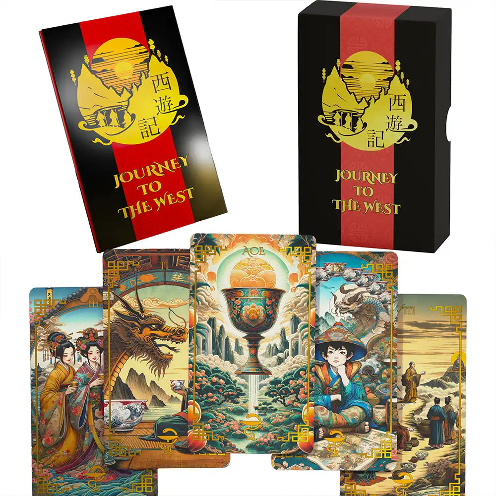 Complete Journey to the West Tarot set with box and cards, showcasing intricate details and bold Eastern symbolism.