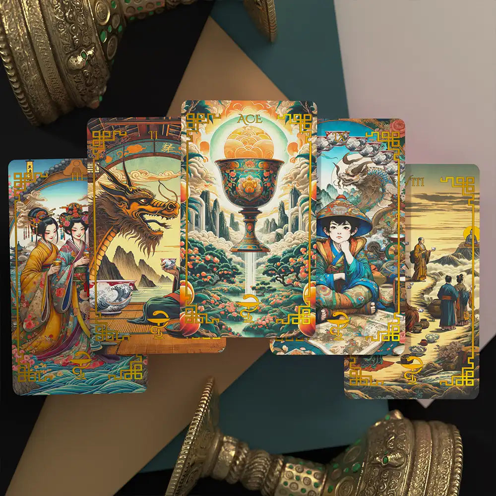 Suit of Cups cards from Journey to the West Tarot deck, with lush landscapes, dragons, and flowing water elements.