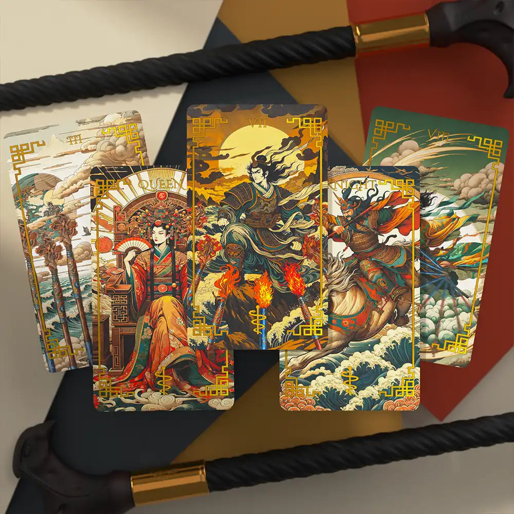 Suit of Wands cards from Journey to the West Tarot deck, featuring warriors, flames, and dynamic Asian-inspired scenes.