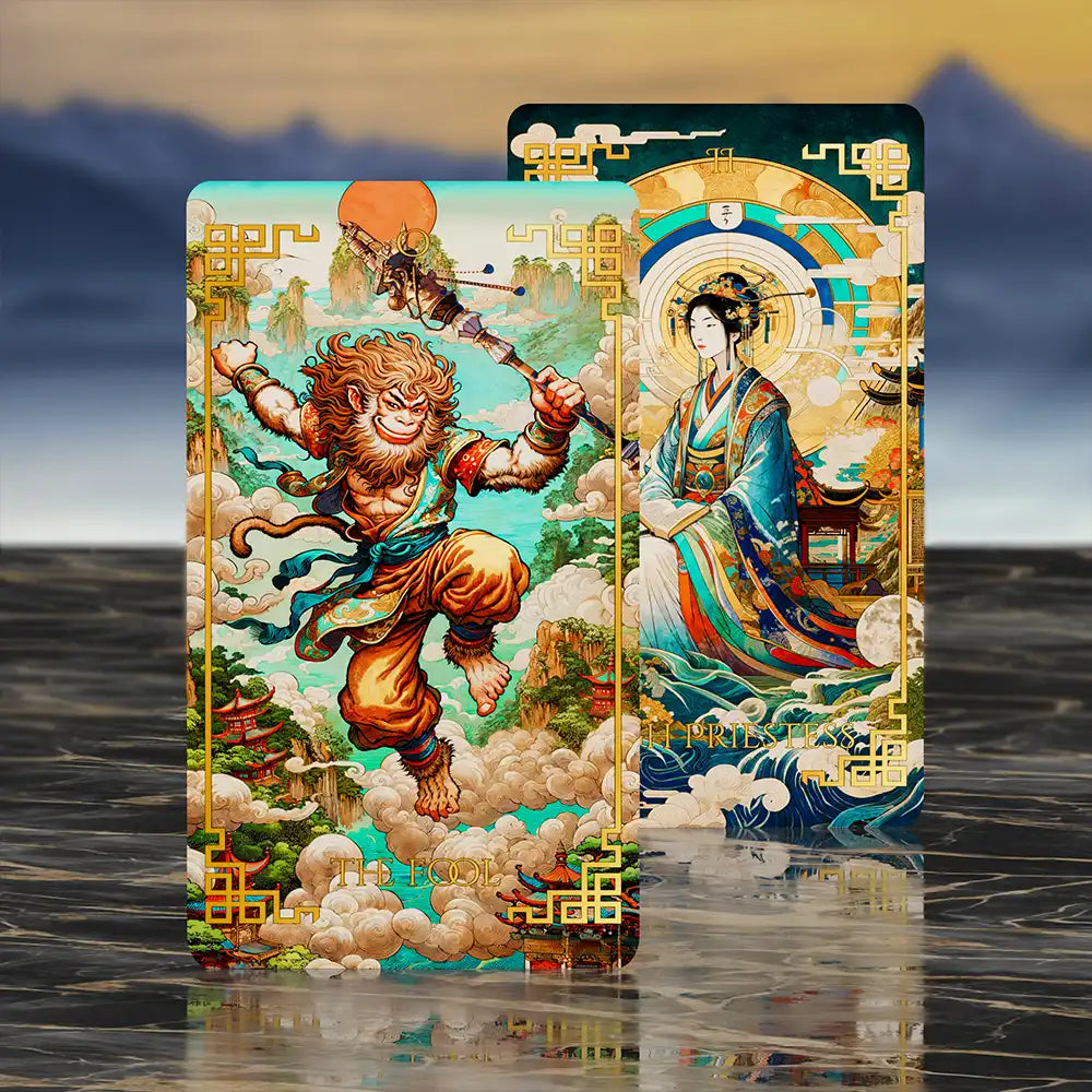 The Fool and High Priestess cards from Journey to the West Tarot deck, with vivid Chinese folklore-inspired illustrations.