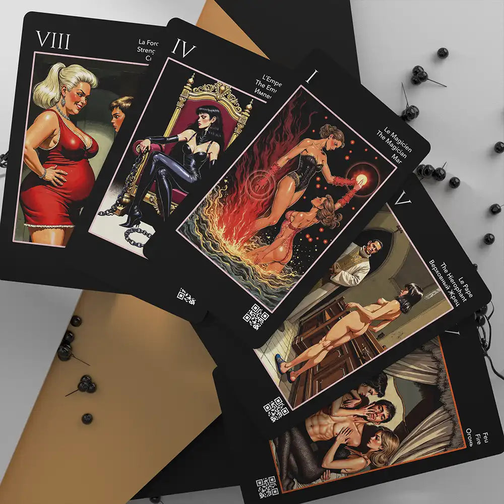 Major Arcana cards from Les Fantaisies d’Amour Tarot Deck in a dramatic BDSM-inspired spread with high-contrast lighting and elegant dark props