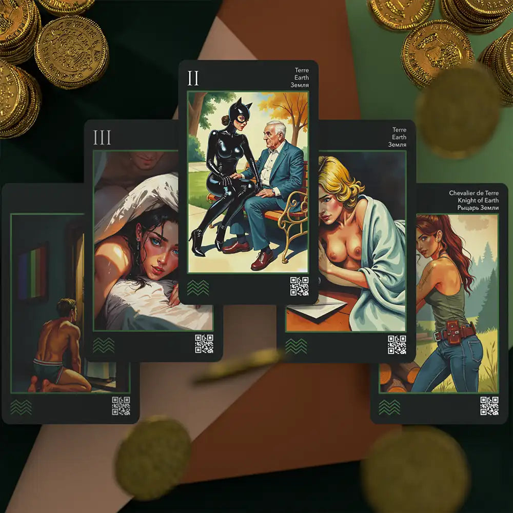 Earth element cards from Les Fantaisies d’amour Tarot Deck featuring sensual scenes of women in various intimate and teasing poses, accented with golden coins