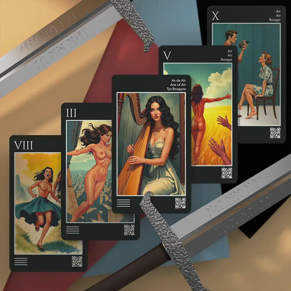 Air element cards from Les Fantaisies d’amour Tarot Deck, showcasing bold erotic art of women in various sensual poses, with a decorative sword as a prop