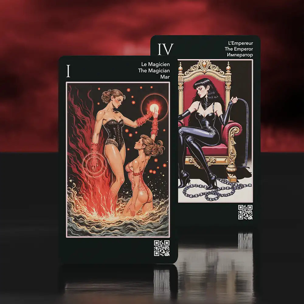 Artistic shot of The Magician and The Emperor cards from Les Fantaisies d’Amour Tarot Deck, featuring a fiery backdrop and luxurious BDSM-inspired artwork