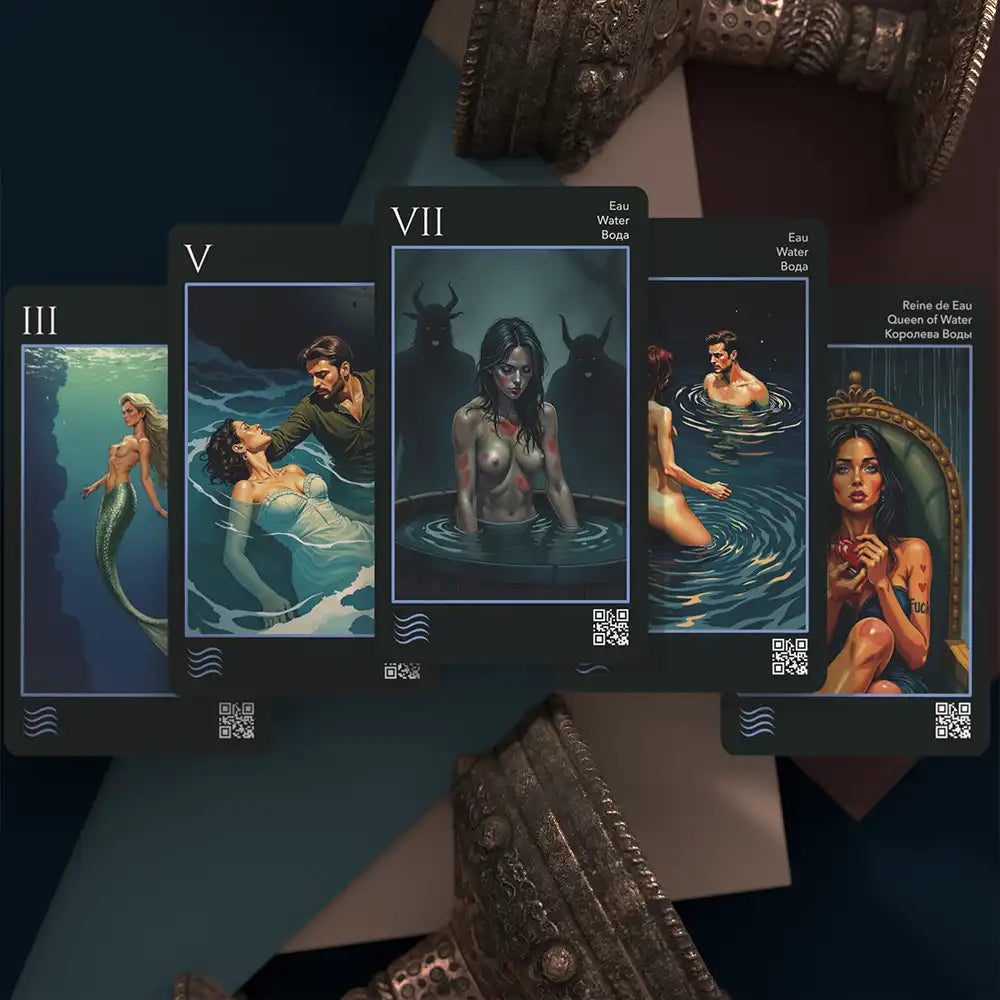 Water element cards from Les Fantaisies d’amour Tarot Deck showing sensual underwater and bathing scenes, placed on a dark blue background with antique goblets