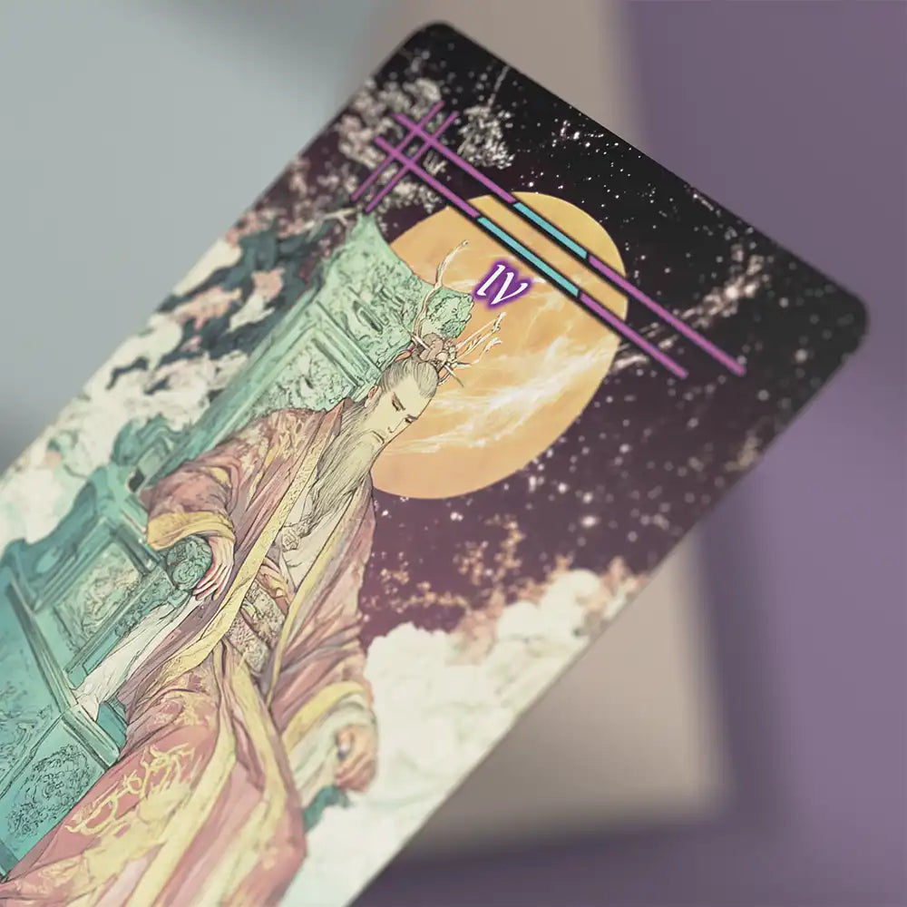 Close-up of The Emperor tarot card from the Tabi no Kokoro deck, showing detailed artwork of a regal figure under a glowing full moon.