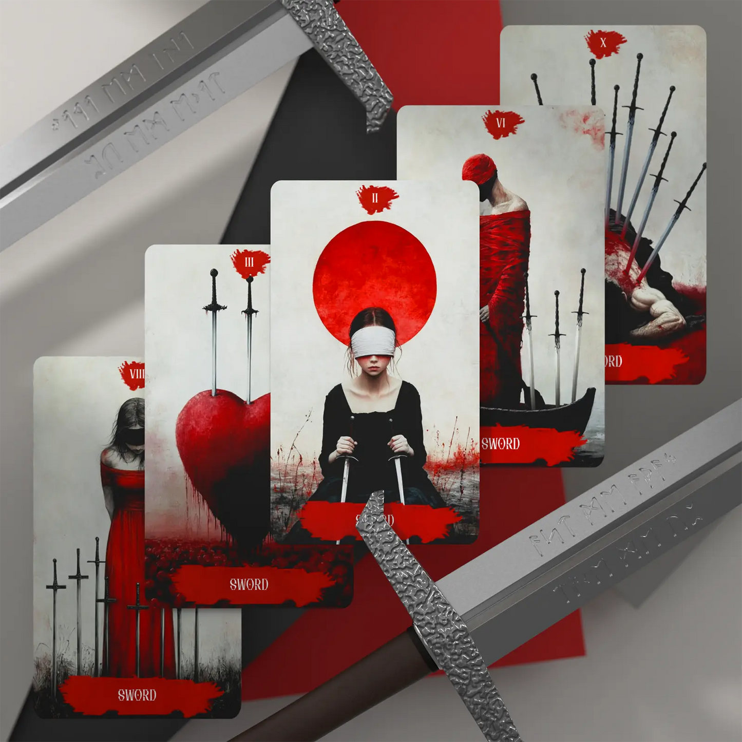 Set of tarot cards with red and black design elements on a metallic surface.