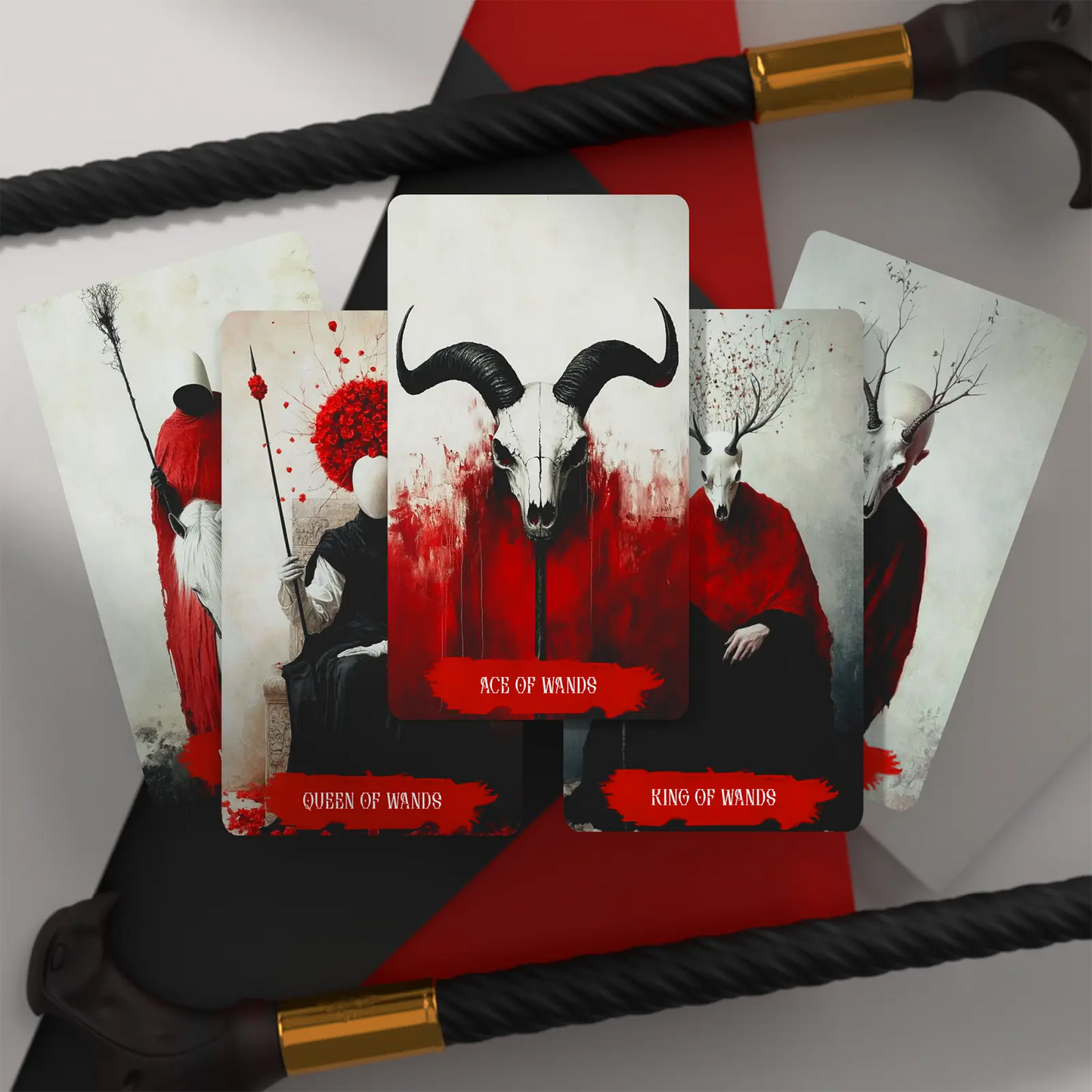 Tarot cards with red and black design featuring a bull's head and other figures, with a staff and rope in the foreground.