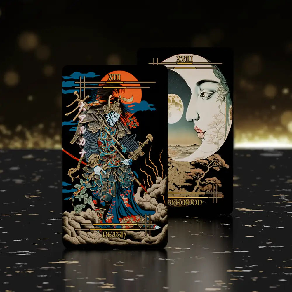 Flatlay of Reitekina Tabi Tarot cards and traditional Japanese props, emphasizing the cultural and spiritual theme of the deck