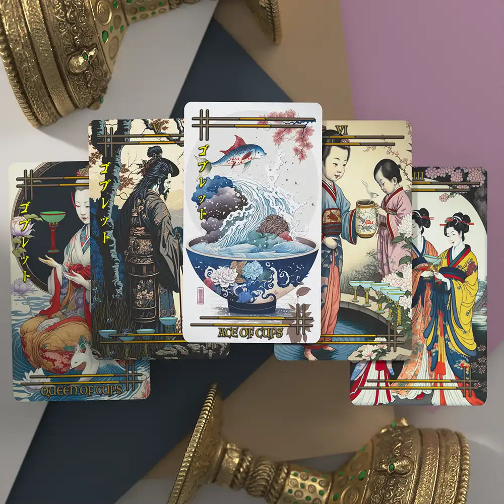 Showcase of the Cups suit from the Reitekina Tabi Tarot deck, displaying vibrant illustrations of geishas and traditional tea settings