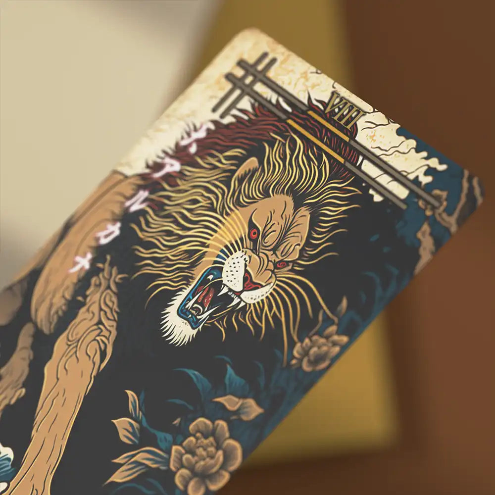 Close-up of a single Reitekina Tabi Tarot card, focusing on the ornate design and Japanese calligraphy elements