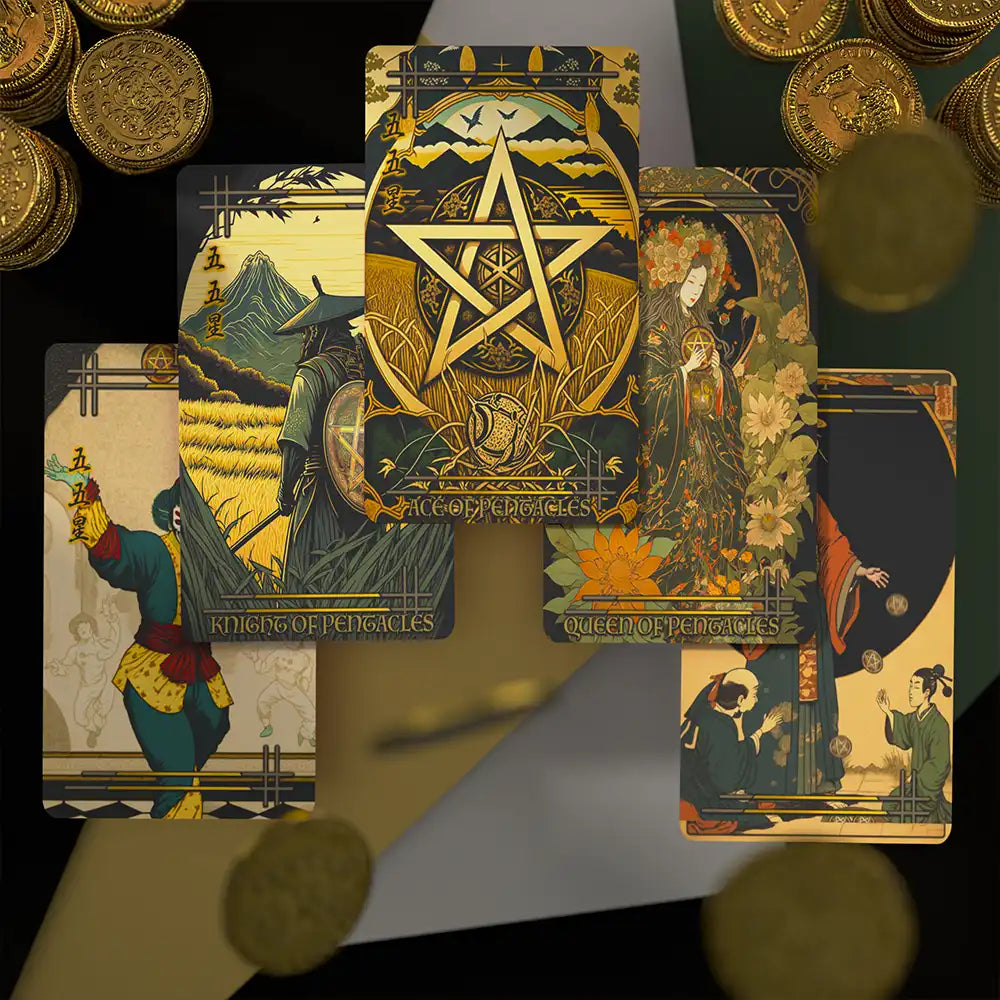 Pentacles suit cards from the Reitekina Tabi Tarot deck, highlighting harvest scenes and golden pentacle symbols with Japanese motifs