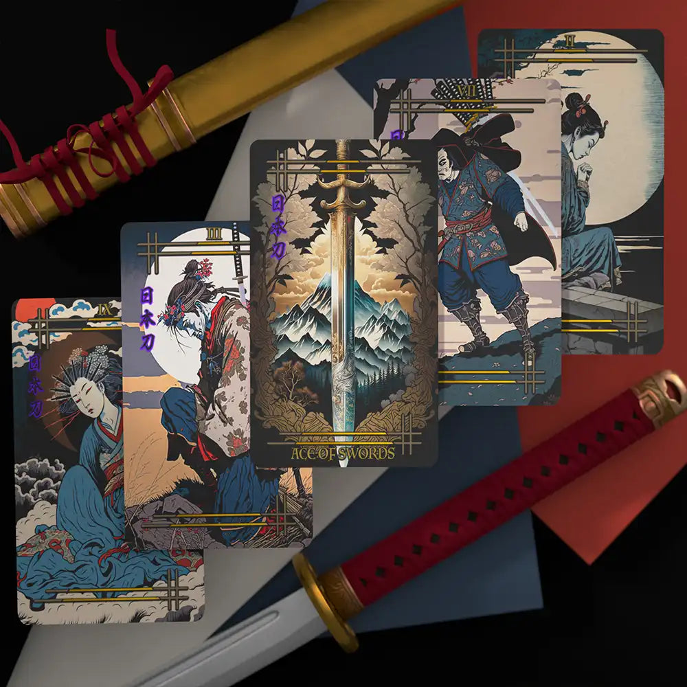 Swords suit from the Reitekina Tabi Tarot, featuring dynamic samurai sword imagery and traditional Japanese landscapes