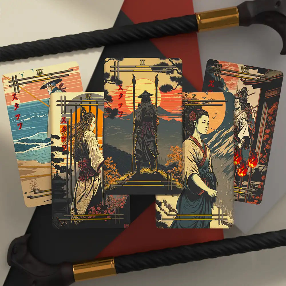 Display of the Wands suit in the Reitekina Tabi Tarot, featuring samurai and nature-themed designs with sunset backgrounds