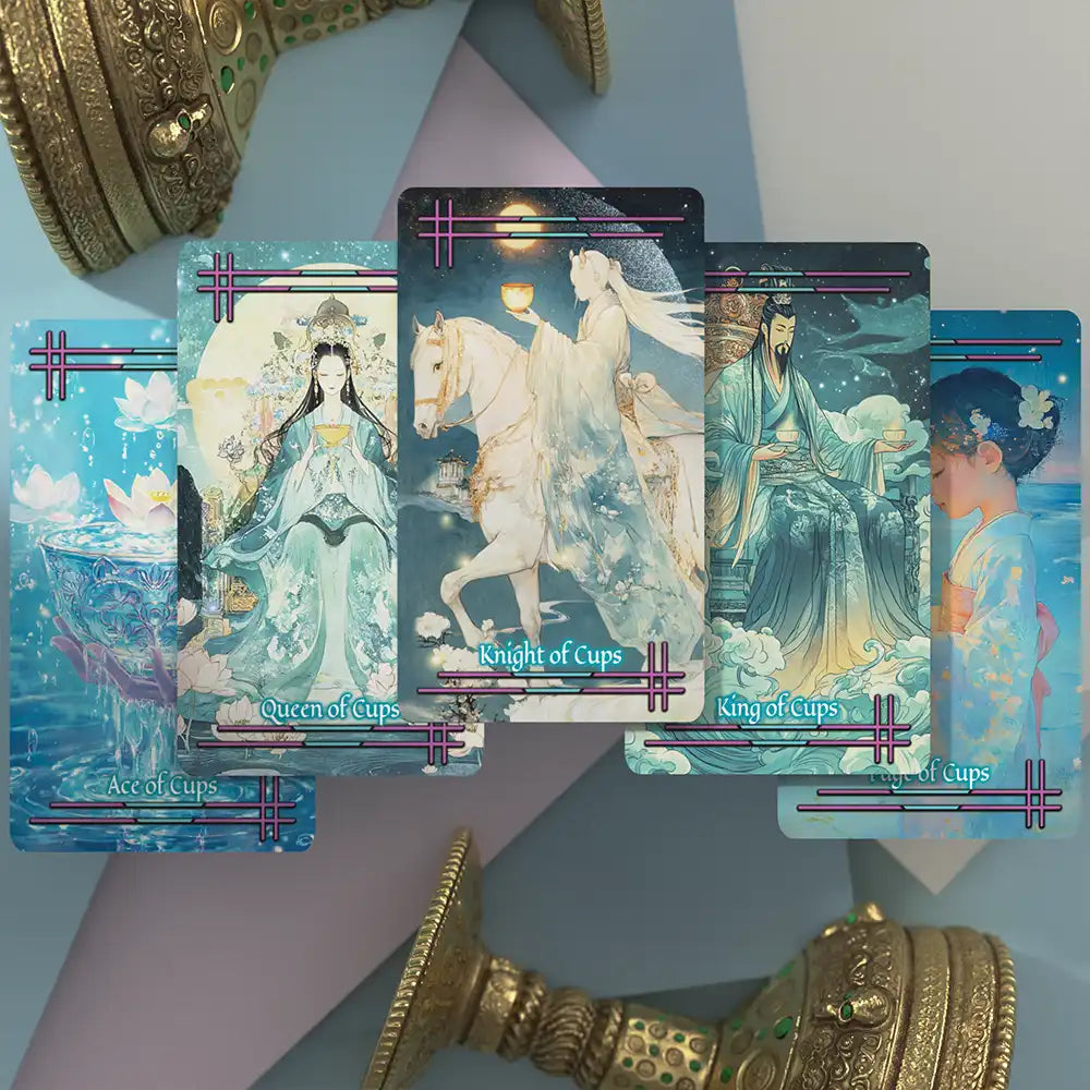 Set of Cups suit tarot cards from the Tabi no Kokoro deck, featuring blue-toned water-themed illustrations with graceful figures and lotus flowers.