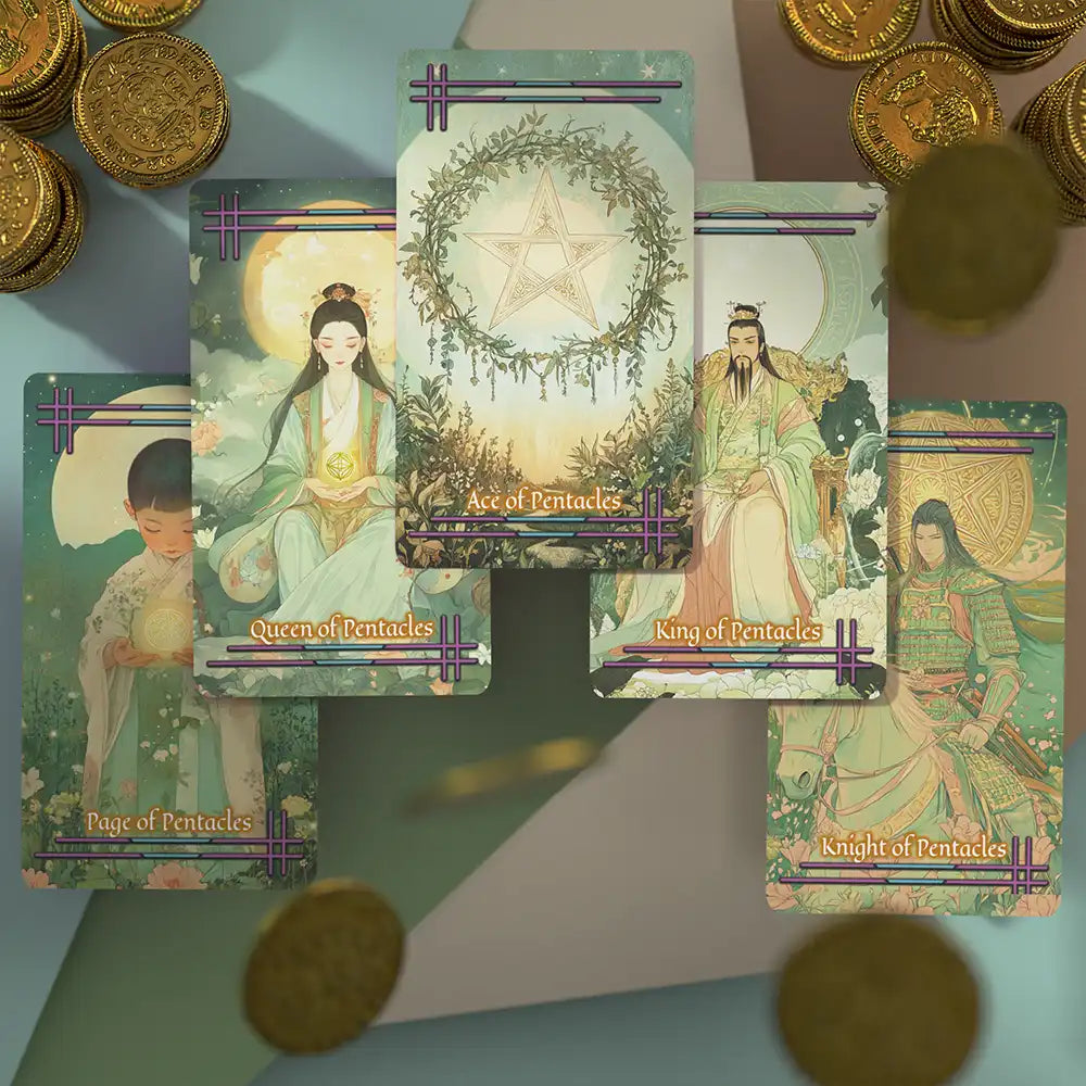 Pentacles suit tarot cards from the Tabi no Kokoro deck, presented in soft green hues with natural and serene imagery of coins and floral motifs.