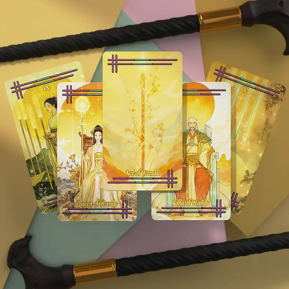 Wands suit tarot cards from the Tabi no Kokoro deck, in vibrant yellow and gold hues, depicting figures holding staffs under bright skies.