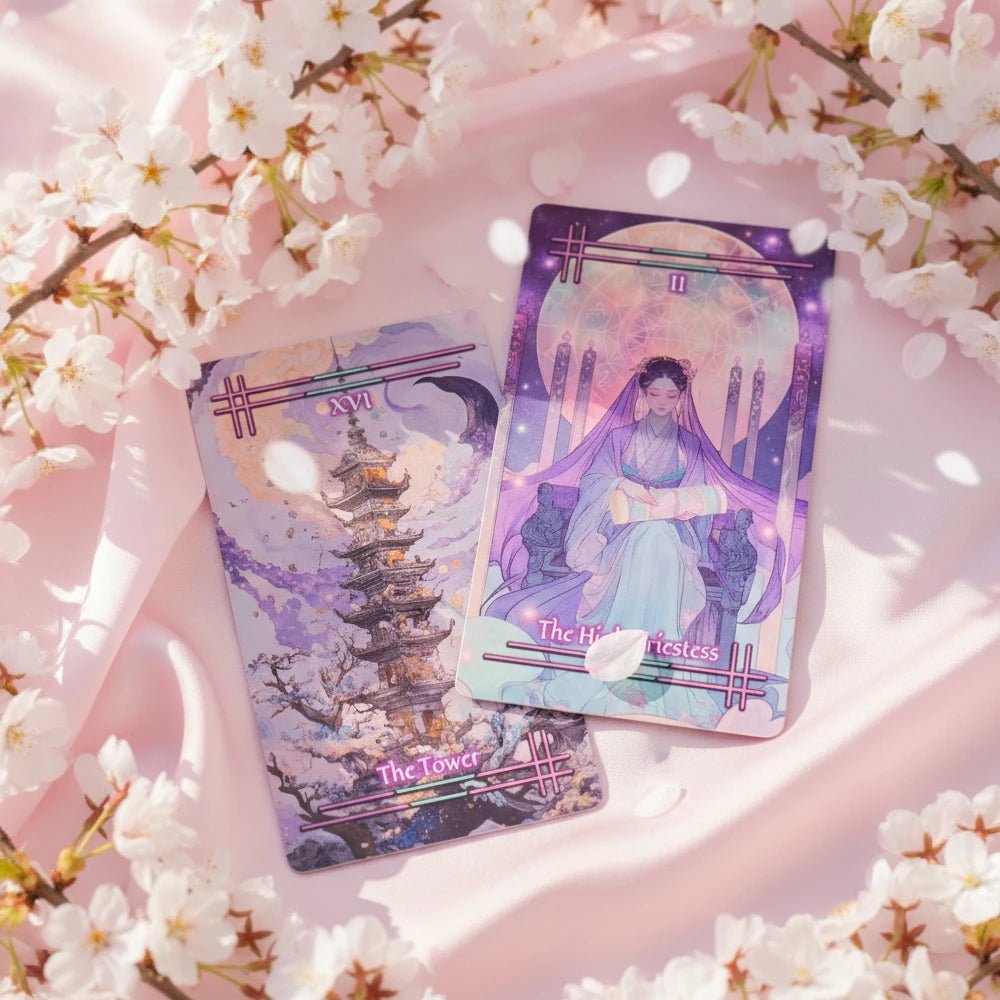 Tabi no Kokoro (Tarot Rider–Waite, 78 Cards, 350gsm Matte, Black Edges, Pink Metallic Foil) - ManeoShop