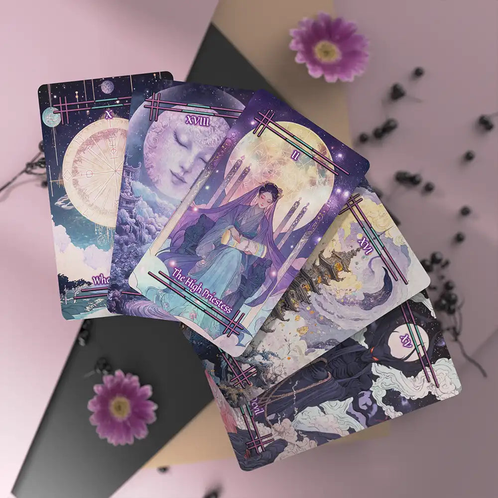 Tarot spread from the Tabi no Kokoro deck, arranged with floral decorations on a pink background, highlighting the High Priestess card