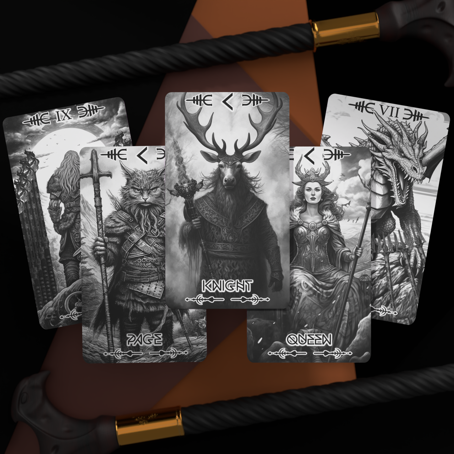 Black and white Viking tarot deck featuring Wands suit — Knight with antlers, Queen with dragon, and Page as a warrior cat — fantasy Norse tarot cards for divination, magic, and spiritual guidanc