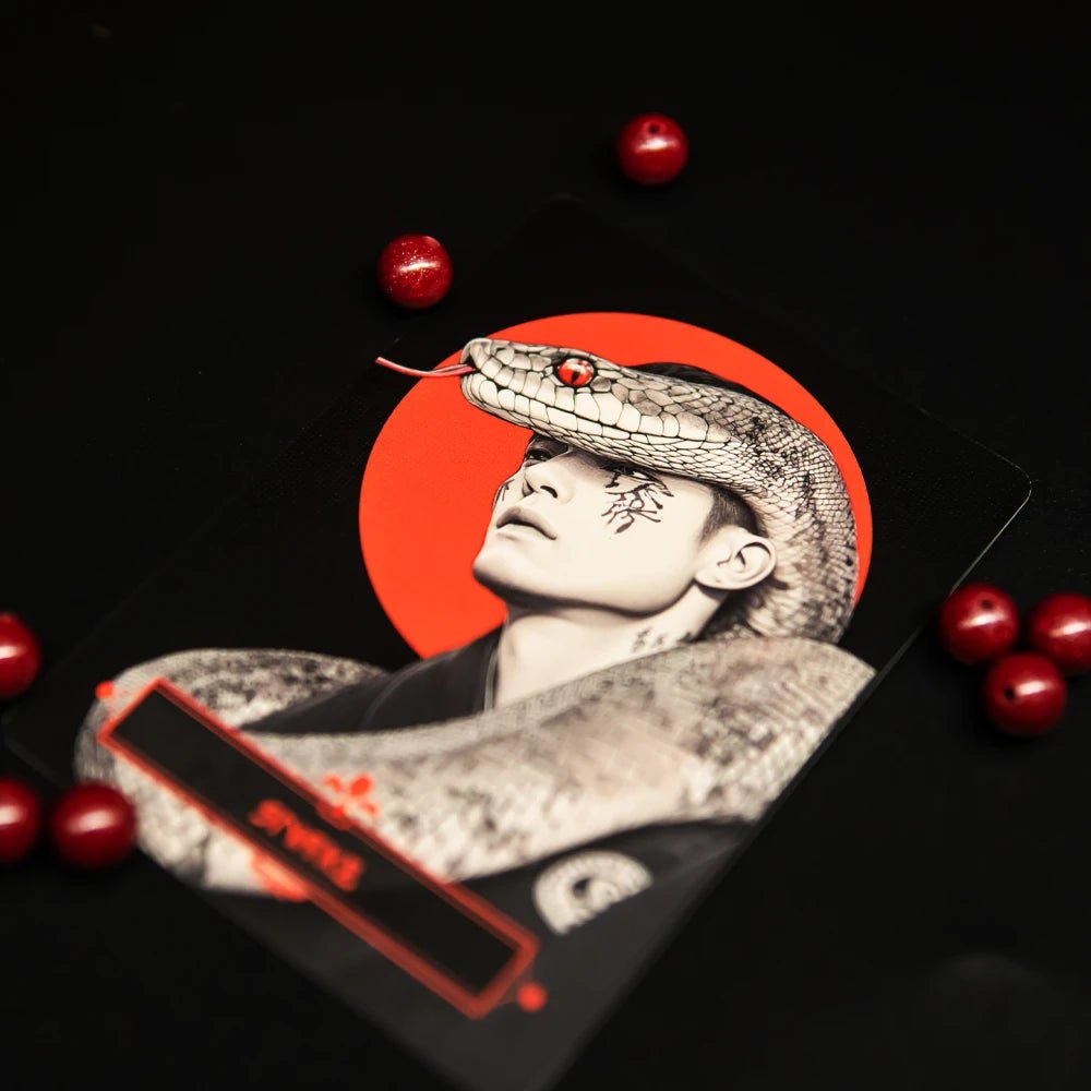 Yakuza Lenormand Snake card, tattooed man with a serpent coiled around his head