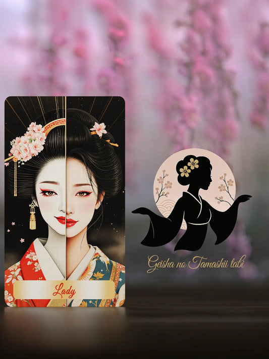Card with a geisha illustration and cherry blossoms in the background