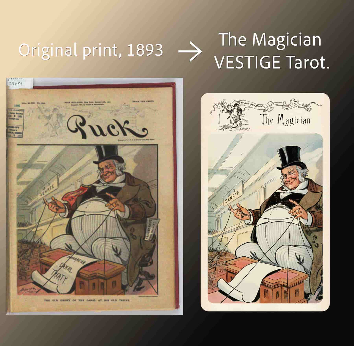 Vestige Tarot The Magician card next to the original 1893 Puck magazine print it was restored from